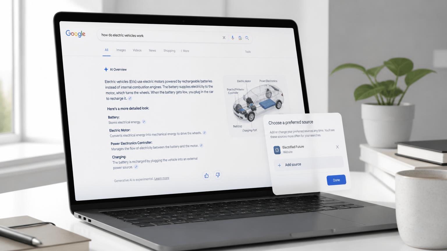 A follow button floating above a Google search results interface